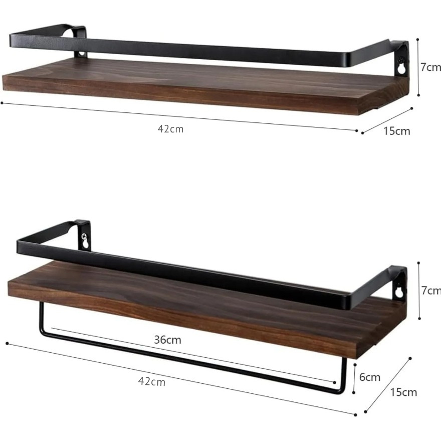 medidas de repisas flotantes de madera y metal con toallero desmontable 42x15 cm