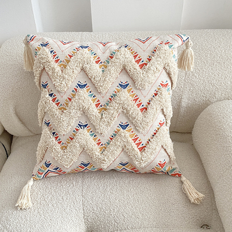 Funda Para Cojín Boho Lino Flecos Bordado Zig Zag 45x45 Cm