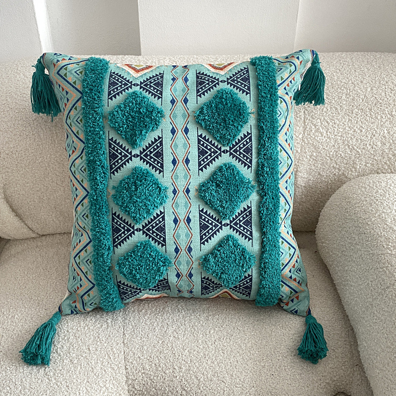 Funda Para Cojín Boho Lino Flecos Bordado Verde 45x45 Cm
