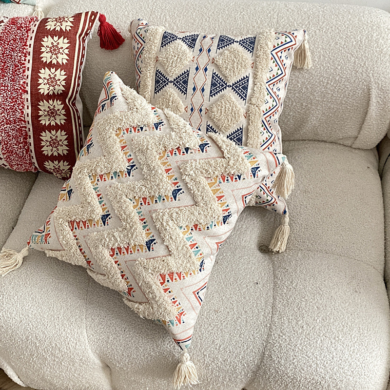 Funda Para Cojín Boho Lino Flecos Bordado Zig Zag 45x45 Cm