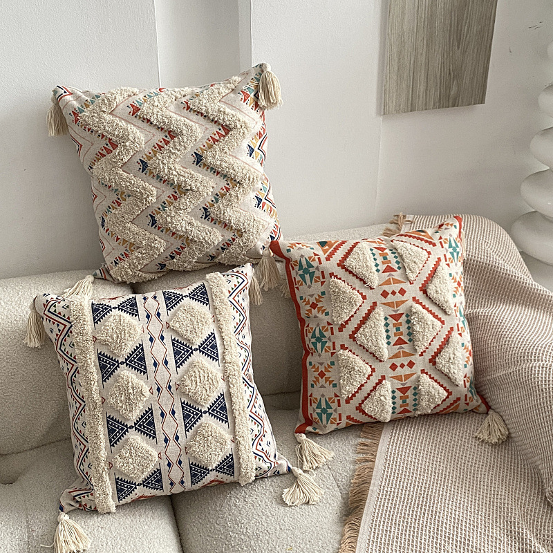 Funda Para Cojín Boho Lino Flecos Bordado Zig Zag 45x45 Cm