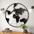 reloj de pared mapa del mundo 60 cm metal negro y dorado en pared iluminada