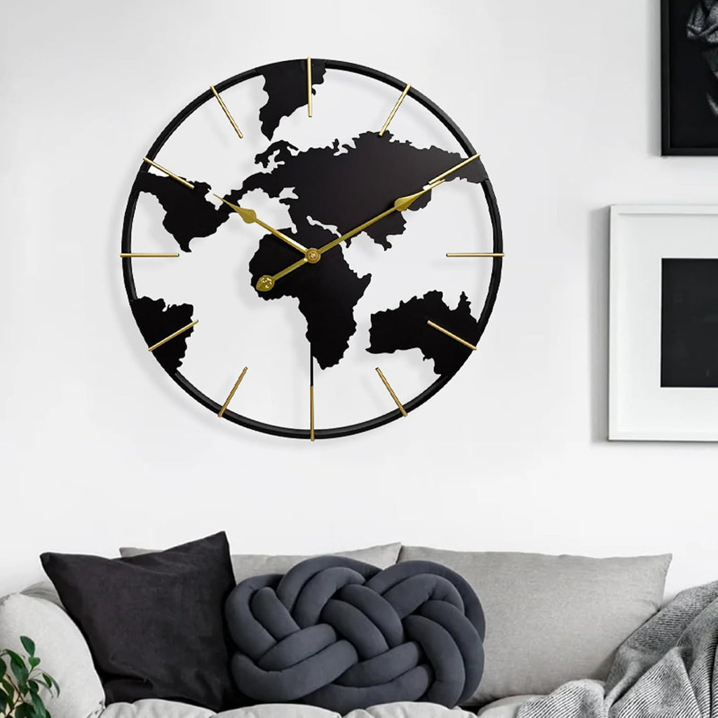 reloj de pared mapa del mundo 60 cm metal negro y dorado diseño abierto