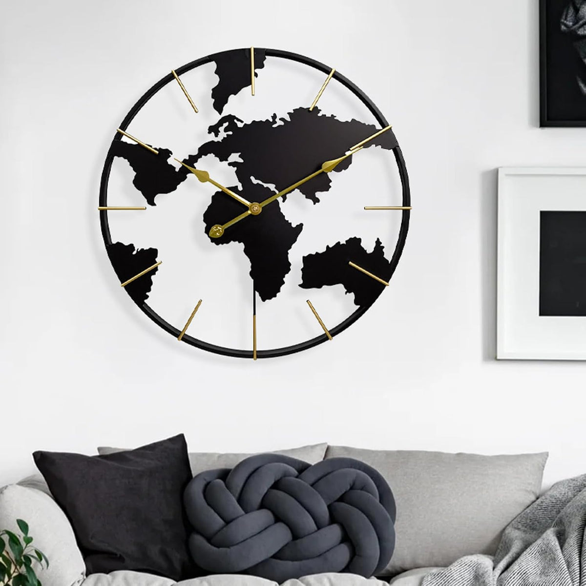 reloj de pared mapa del mundo 60 cm metal negro y dorado diseño abierto