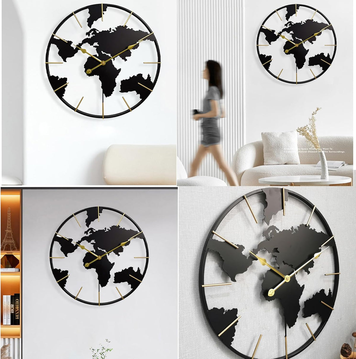 reloj de pared mapa del mundo 60 cm metal negro y dorado en decoración moderna