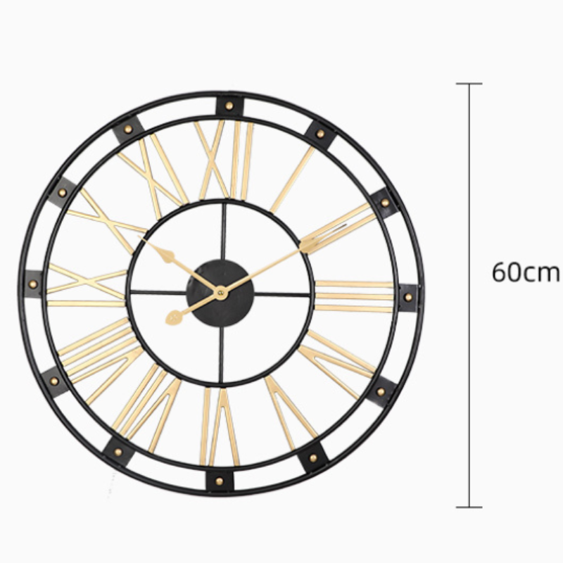 Reloj Mural Retro de Cuarzo Metálico Dorado y Negro 60 cm