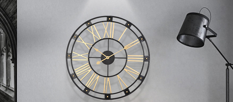 Reloj Mural Retro de Cuarzo Metálico Dorado y Negro 60 cm