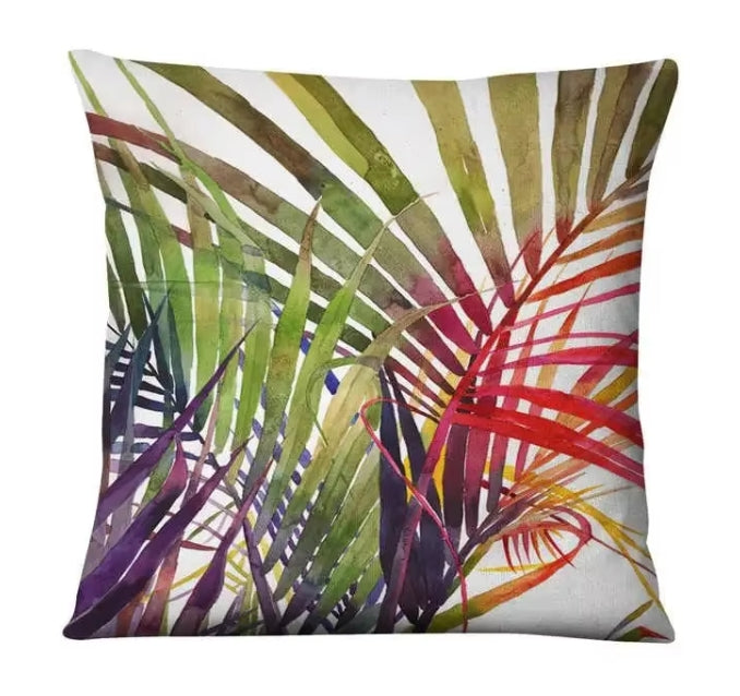 Funda de cojín hojas tropicales con diseño multicolor y patrón botánico decorativo