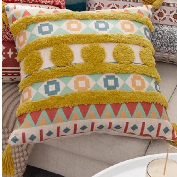 Funda Para Cojín Boho Lino Flecos Bordado amarillo 45x45 Cm