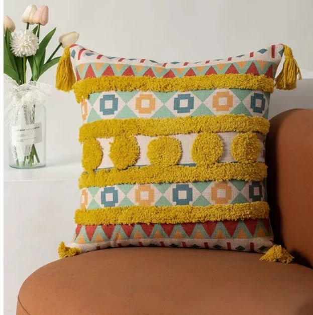 Funda Para Cojín Boho Lino Flecos Bordado amarillo 45x45 Cm