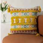 Funda Para Cojín Boho Lino Flecos Bordado amarillo 45x45 Cm