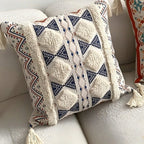 Funda Para Cojín Boho Lino Flecos Bordado Azul 45x45 Cm