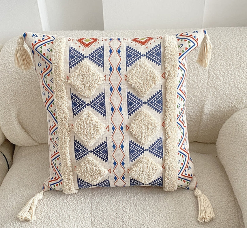 Funda Para Cojín Boho Lino Flecos Bordado Azul 45x45 Cm