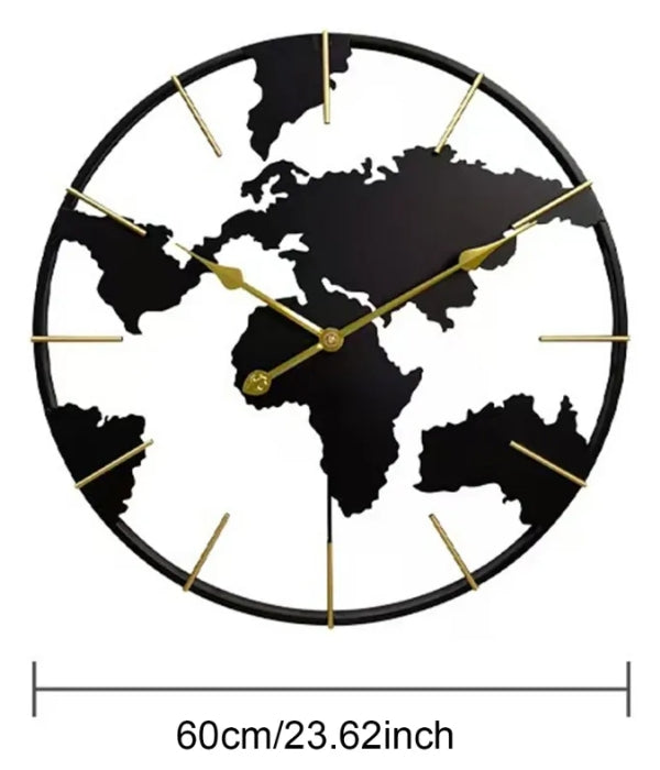 reloj de pared mapa del mundo 60 cm metal negro y dorado medida real
