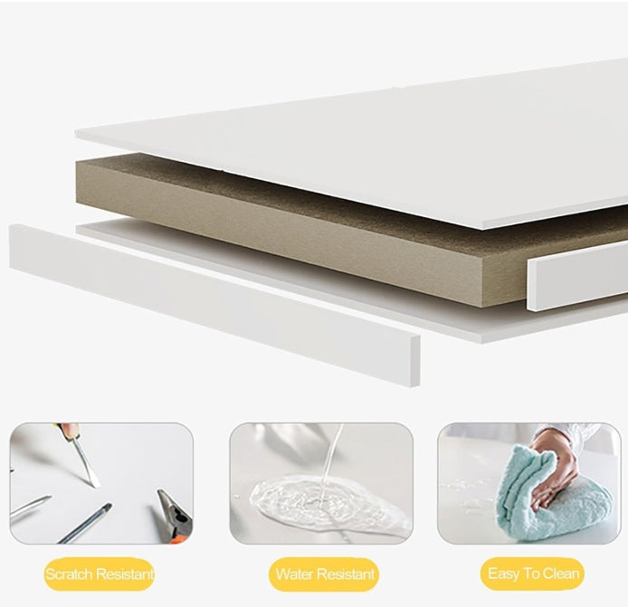 Detalle material MDF impermeable mesa auxiliar redonda blanca 50 cm