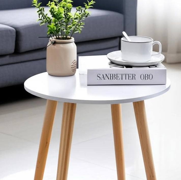 Mesa auxiliar redonda blanca 50 cm con planta decorativa