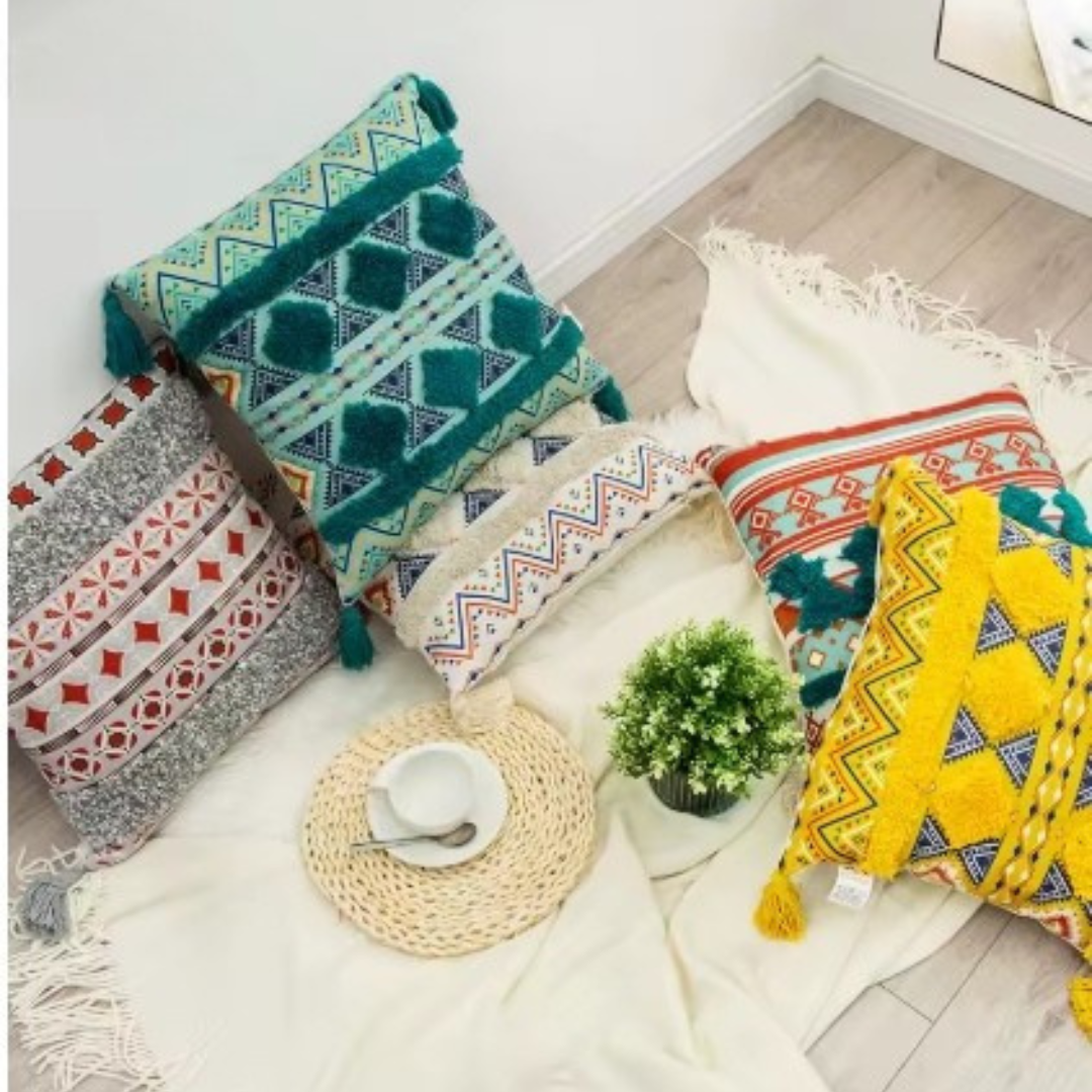 Funda Para Cojín Boho Lino Flecos Bordado Verde 45x45 Cm