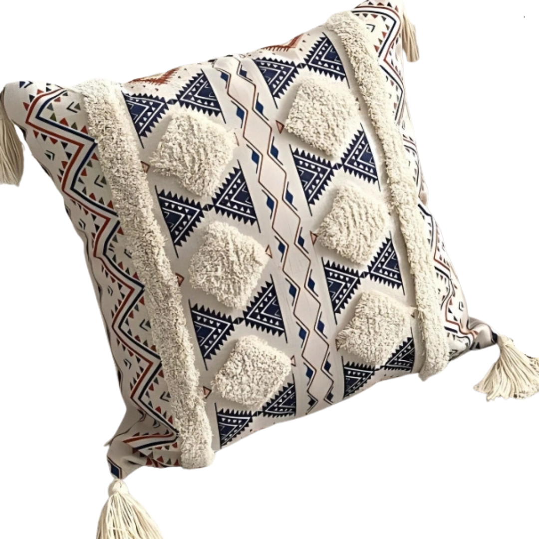 Funda Para Cojín Boho Lino Flecos Bordado Azul 45x45 Cm