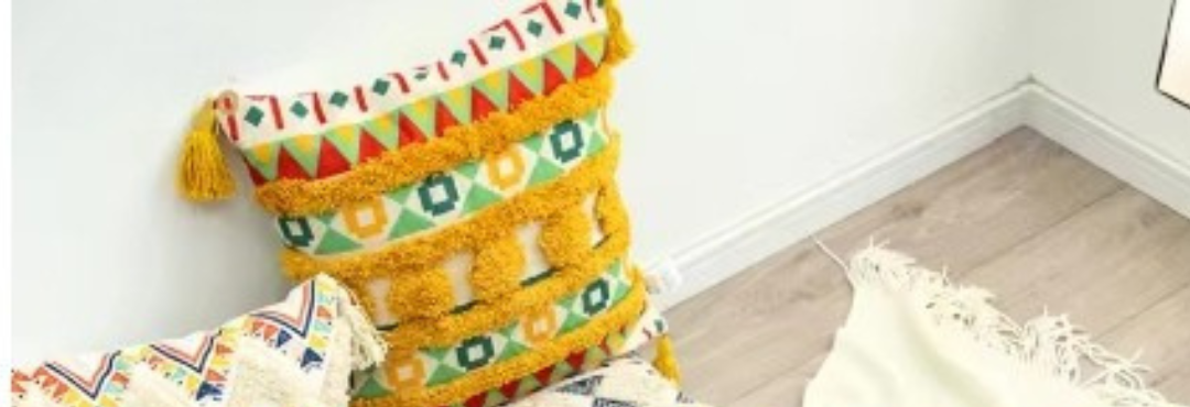 Funda Para Cojín Boho Lino Flecos Bordado amarillo 45x45 Cm