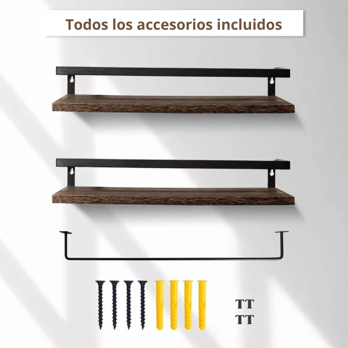 set completo de repisas flotantes de madera y metal con toallero, tornillos y tarugos incluidos