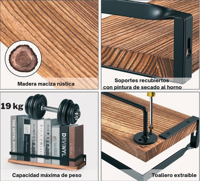 detalle de repisas flotantes de madera y metal con acabado rústico y estructura negra