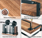detalle de repisas flotantes de madera y metal con acabado rústico y estructura negra