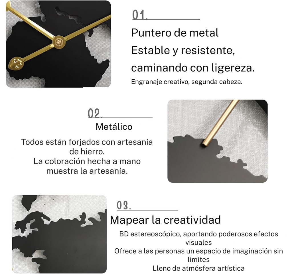 detalle reloj de pared mapa del mundo 60 cm metal puntero dorado artesania