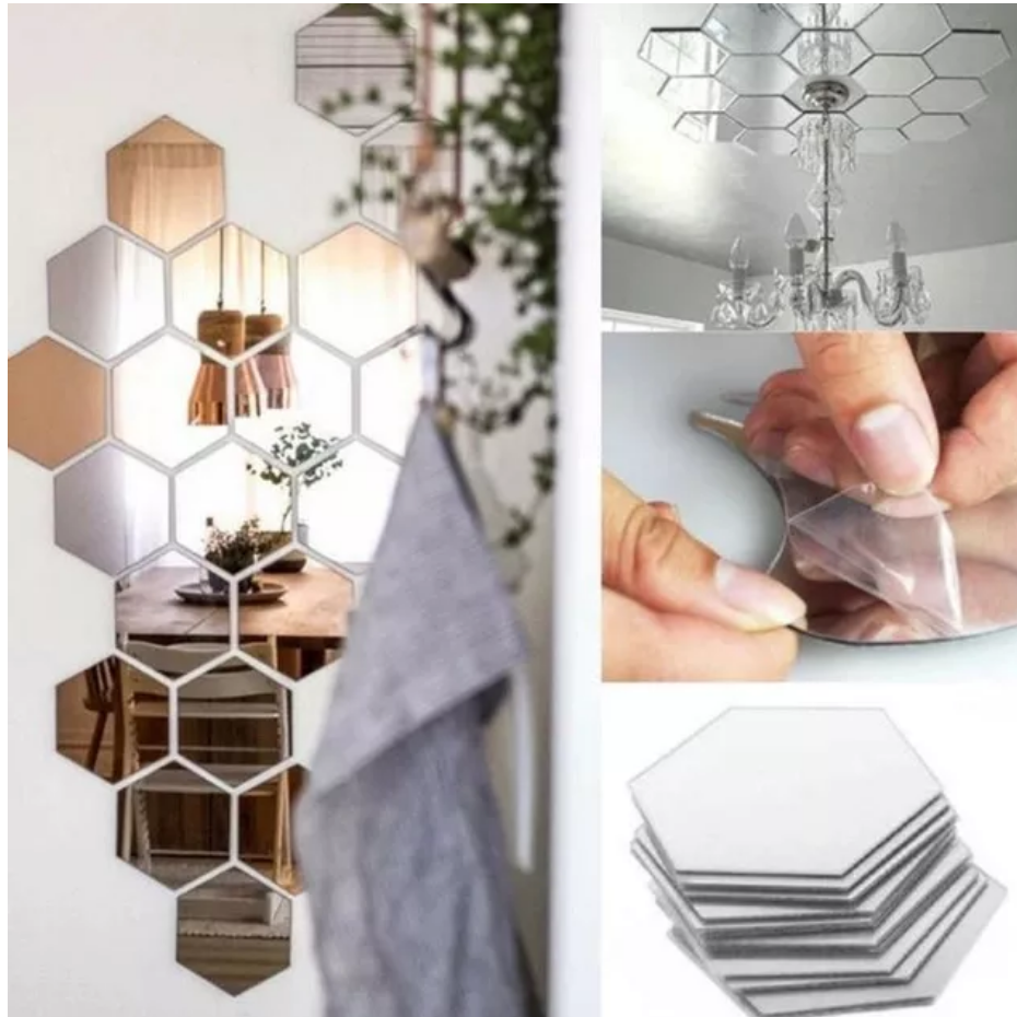 Set Espejo Pared De Acrílico Hexágonos 12 Piezas De 20 Cm