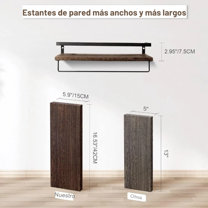 repisas flotantes de madera y metal más anchas y largas comparadas con modelos estándar