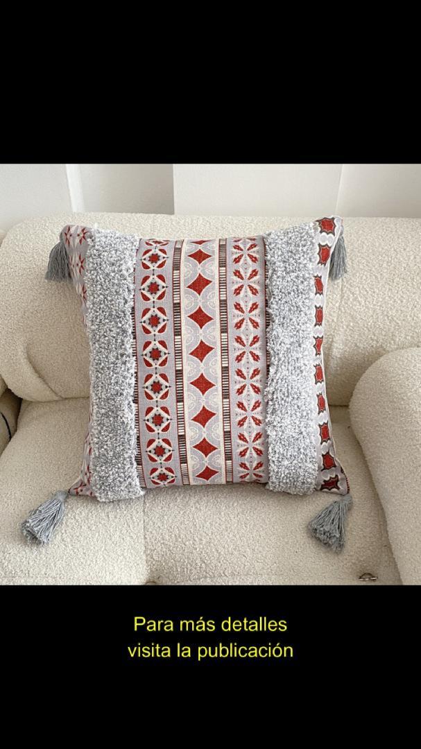 Funda Para Cojín Boho Lino Flecos Bordado Rojo 45x45 Cm