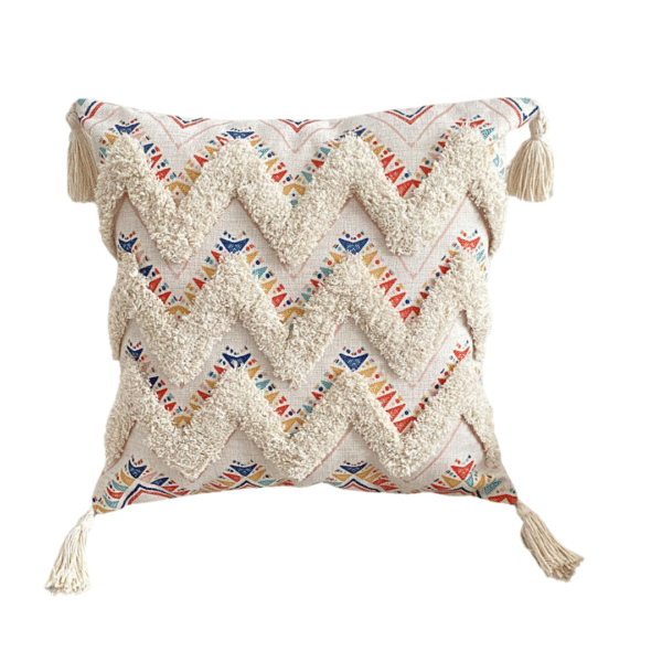 Funda Para Cojín Boho Lino Flecos Bordado Zig Zag 45x45 Cm