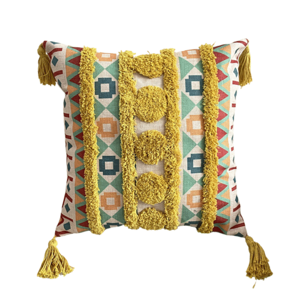 Funda Para Cojín Boho Lino Flecos Bordado amarillo 45x45 Cm