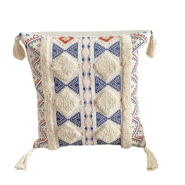 Funda Para Cojín Boho Lino Flecos Bordado Azul 45x45 Cm