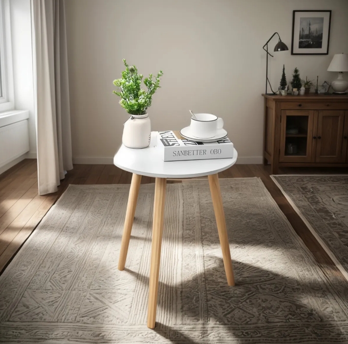 Mesa auxiliar redonda blanca 50 cm estilo nórdico en sala de estar