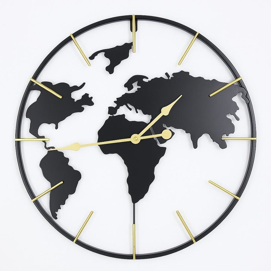 reloj de pared mapa del mundo 60 cm metal negro y dorado